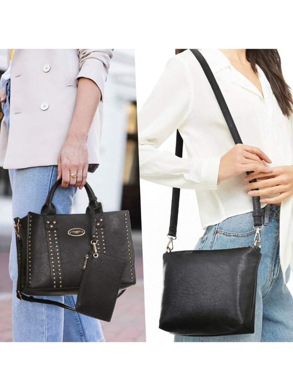 Women's Black Wallet Set Top Handle Satchel Shoulder 3pcs Hobo Handbag - Picture 2 of 6